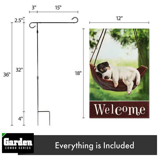 G128 Combo Pack: Garden Flag Stand Black 36x16 Inch & Garden Flag Welcome Sleeping Puppy 12x18 Inch