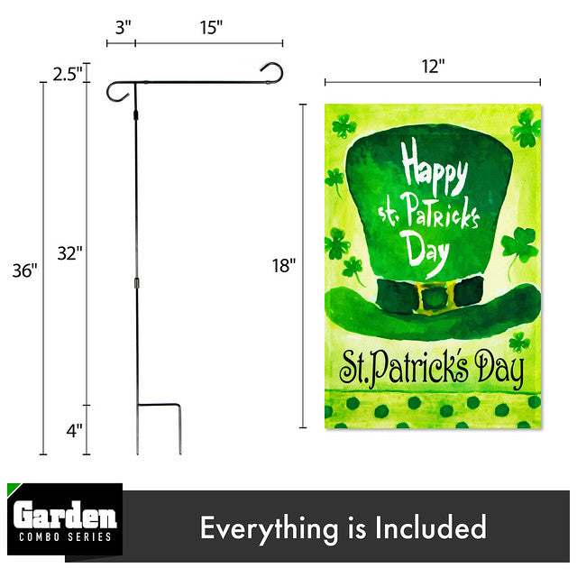 G128 Combo Pack: Garden Flag Stand Black 36x16 Inch & Garden Flag Happy St. Patrick's Day Leprechaun Hat 12x18 Inch
