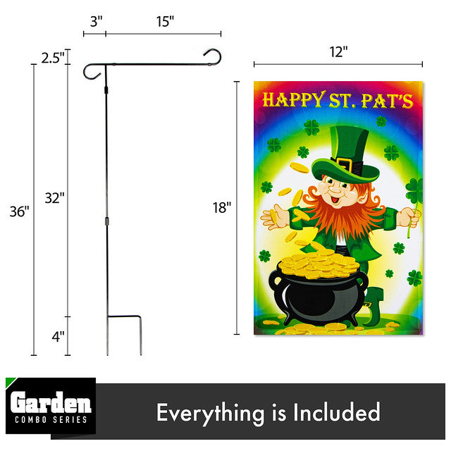 G128 Combo Pack: Garden Flag Stand Black 36x16 Inch & Garden Flag Happy St. Patrick's Day Leprechaun with Pot of Gold 12x18 Inch