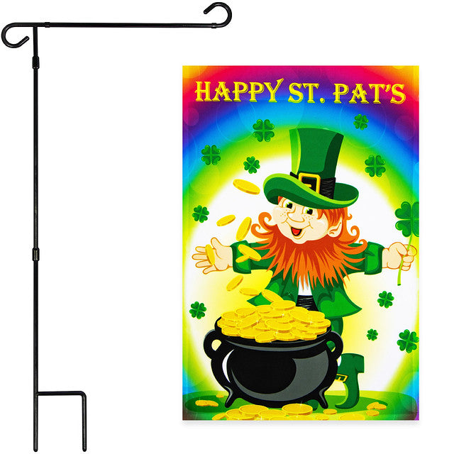 G128 Combo Pack: Garden Flag Stand Black 36x16 Inch & Garden Flag Happy St. Patrick's Day Leprechaun with Pot of Gold 12x18 Inch