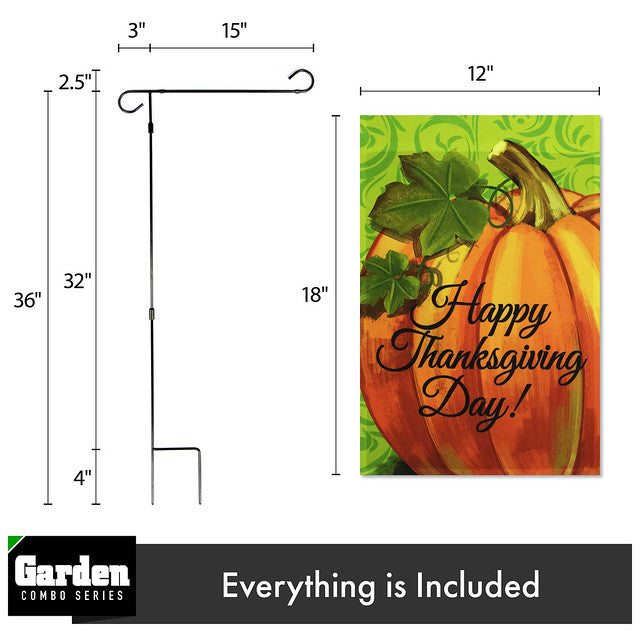 G128 Combo Pack: Garden Flag Stand Black 36x16 Inch & Garden Flag Happy Thanksgiving Pumpkin 12x18 Inch