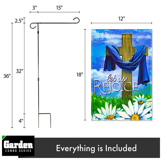 G128 Combo Pack: Garden Flag Stand Black 36x16 Inch & Garden Flag Let Us Rejoice Easter Cross 12x18 Inch