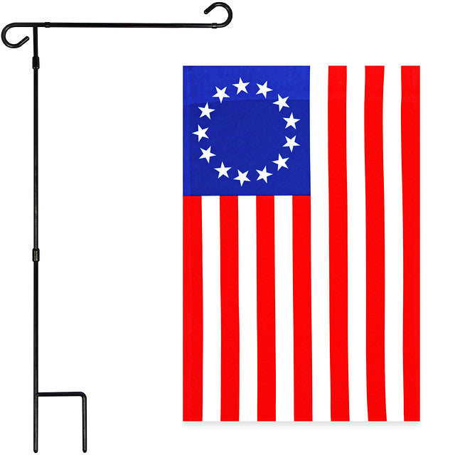 G128 Combo Pack: Garden Flag Stand Black 36x16 Inch & Garden Flag Betsy Ross Flag 12x18 Inch