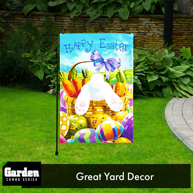 G128 Combo Pack: Garden Flag Stand Black 36x16 Inch & Garden Flag Happy Easter Carrots Colorful Eggs with Bunny in Basket 12x18 Inch