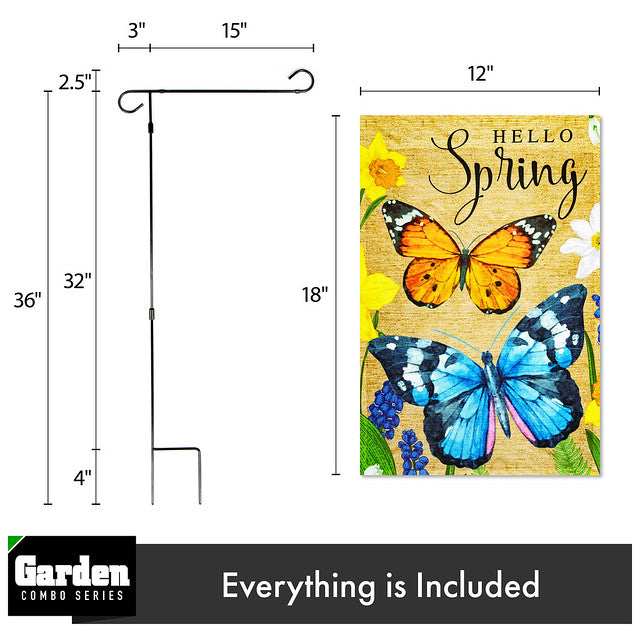 G128 Combo Pack: Garden Flag Stand Black 36x16 Inch & Garden Flag Hello Spring Butterflies Flowers 12x18 Inch