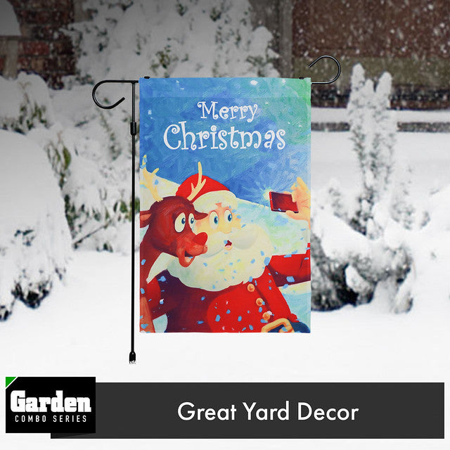G128 Combo Pack: Garden Flag Stand Black 36x16 Inch & Garden Flag Merry Christmas Santa with Reindeer Selfie 12x18 Inch