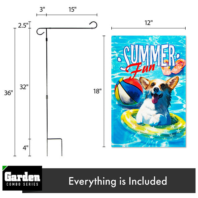 G128 Combo Pack: Garden Flag Stand Black 36x16 Inch & Garden Flag Summer Fun with Dog in Pool 12x18 Inch
