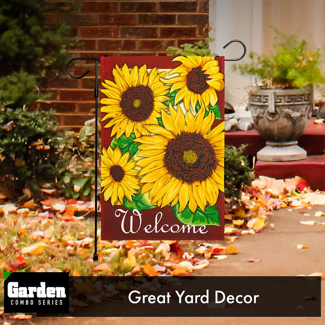 G128 Combo Pack: Garden Flag Stand Black 36x16 Inch & Garden Flag Welcome Four Sunflowers Red 12x18 Inch