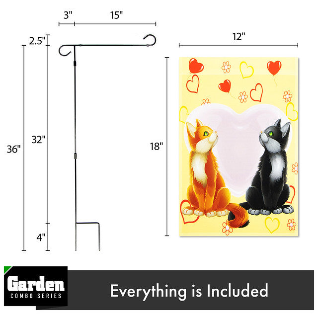 G128 Combo Pack: Garden Flag Stand Black 36x16 Inch & Garden Flag Cats in Love 12x18 Inch