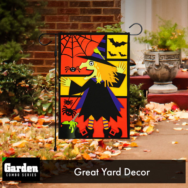 G128 Combo Pack: Garden Flag Stand Black 36x16 Inch & Garden Flag Witch Bats Spiders 12x18 Inch