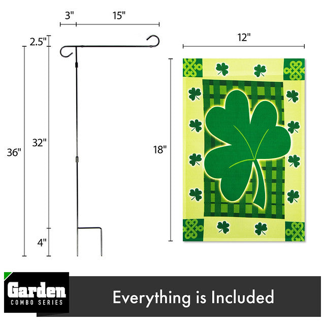 G128 Combo Pack: Garden Flag Stand Black 36x16 Inch & Garden Flag Large Clover 12x18 Inch