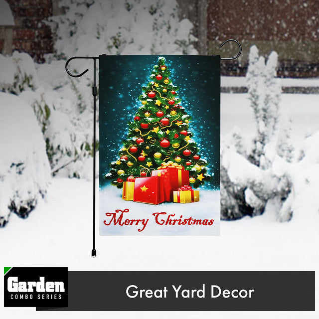 G128 Combo Pack: Garden Flag Stand Black 36x16 Inch & Garden Flag Merry Christmas Tree with Gifts 12x18 Inch