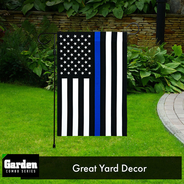 G128 Combo Pack: Garden Flag Stand Black 36x16 Inch & Garden Flag Thin Blue Line 12x18 Inch