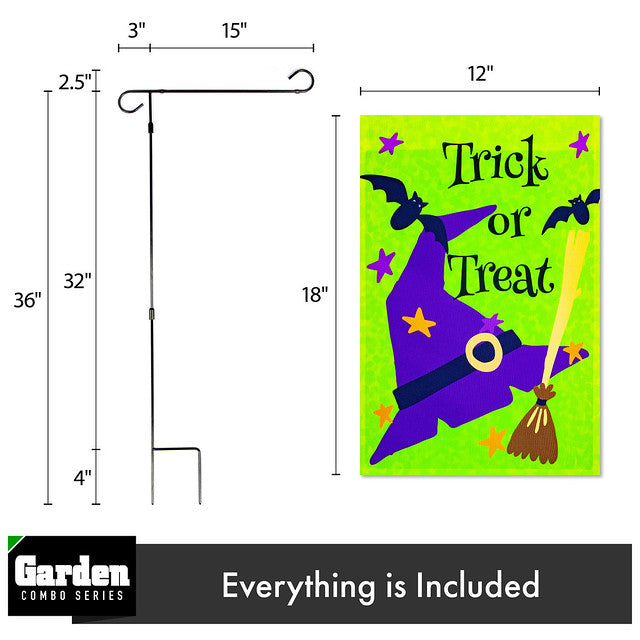 G128 Combo Pack: Garden Flag Stand Black 36x16 Inch & Garden Flag Trick or Treat Purple Witch Hat Green 12x18 Inch