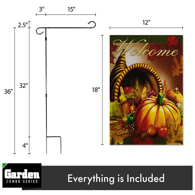 G128 Combo Pack: Garden Flag Stand Black 36x16 Inch & Garden Flag Welcome Cornucopia with Pumpkin 12x18 Inch