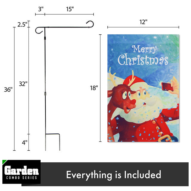 G128 Combo Pack: Garden Flag Stand Black 36x16 Inch & Garden Flag Merry Christmas Santa with Reindeer Selfie 12x18 Inch