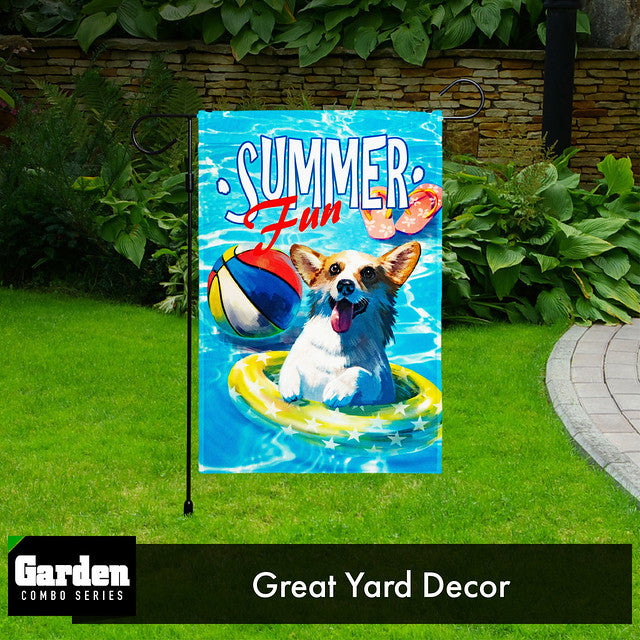 G128 Combo Pack: Garden Flag Stand Black 36x16 Inch & Garden Flag Summer Fun with Dog in Pool 12x18 Inch