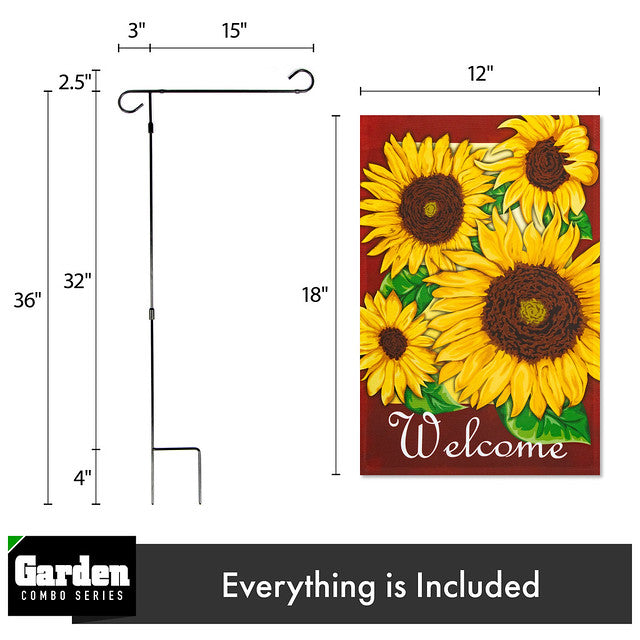 G128 Combo Pack: Garden Flag Stand Black 36x16 Inch & Garden Flag Welcome Four Sunflowers Red 12x18 Inch