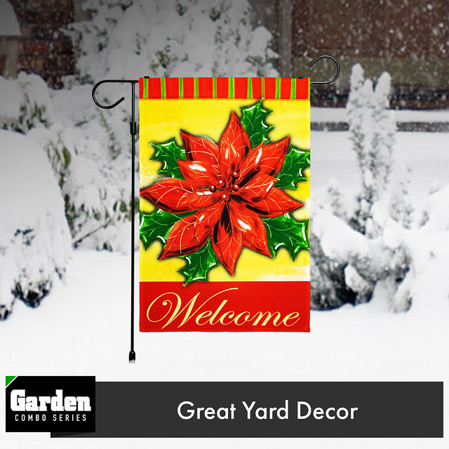 G128 Combo Pack: Garden Flag Stand Black 36x16 Inch & Garden Flag Welcome Red Poinsettia 12x18 Inch