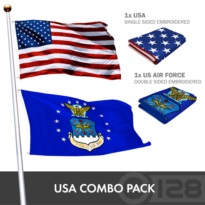 G128 Combo Pack: American USA Flag ToughWeave Series 3x5 Ft Single Sided & US Air Force Flag Double Sided 3x5 Ft Double ToughWeave Series | Both Embroidered Polyester, Brass Grommets