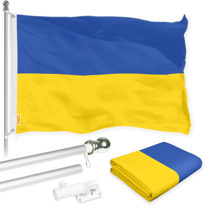 G128 Combo Pack: 5 Ft Tangle Free Aluminum Spinning Flagpole (Silver) & Ukraine Ukrainian Flag 2x3 Ft, LiteWeave Pro Series Printed 150D Polyester | Pole with Flag Included