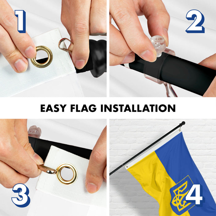 G128 Flag Pole 6FT Black Tangle Free & Ukraine Ukrainian Coat of Arms Flag 3x5 Ft Combo Printed 150D Polyester