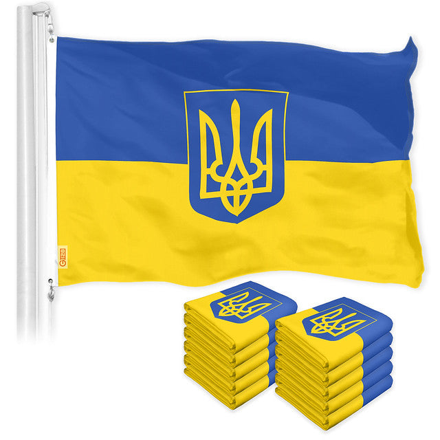 G128 10 Pack: Ukraine Ukrainian Coat of Arms Flag | 2x3 Ft | LiteWeave Pro Series Printed 150D Polyester | Country Flag, Indoor/Outdoor, Vibrant Colors, Brass Grommets