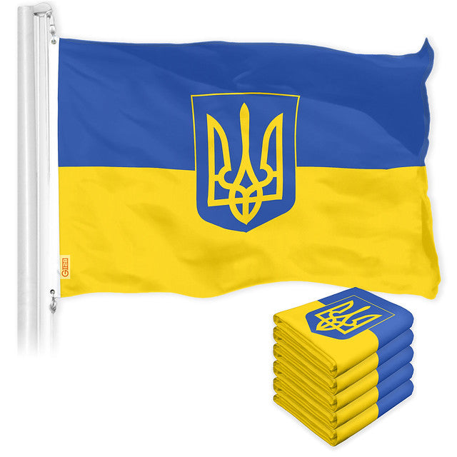 G128 5 Pack: Ukraine Ukrainian Coat of Arms Flag | 4x6 Ft | LiteWeave Pro Series Printed 150D Polyester | Country Flag, Indoor/Outdoor, Vibrant Colors, Brass Grommets
