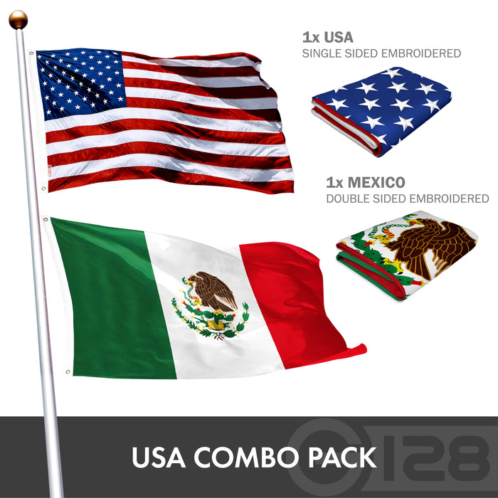 G128 Combo Pack: American USA Flag ToughWeave Series 4x6 Ft Single Sided & Mexico Mexican Flag Double Sided 4x6 Ft Double ToughWeave Series | Both Embroidered Polyester, Brass Grommets