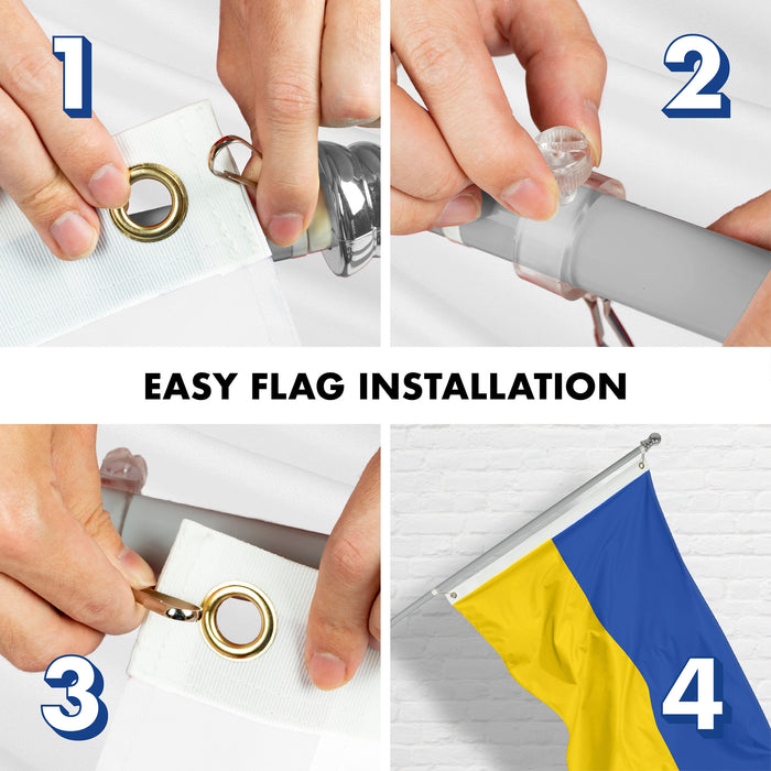 G128 Combo Pack: 5 Ft Tangle Free Aluminum Spinning Flagpole (Silver) & Ukraine Ukrainian Flag 2x3 Ft, LiteWeave Pro Series Printed 150D Polyester | Pole with Flag Included