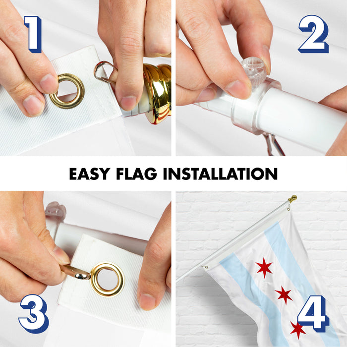 G128 Flag Pole 6 FT White Tangle Free & Chicago Flag 3x5 FT Combo Embroidered Spun Polyester