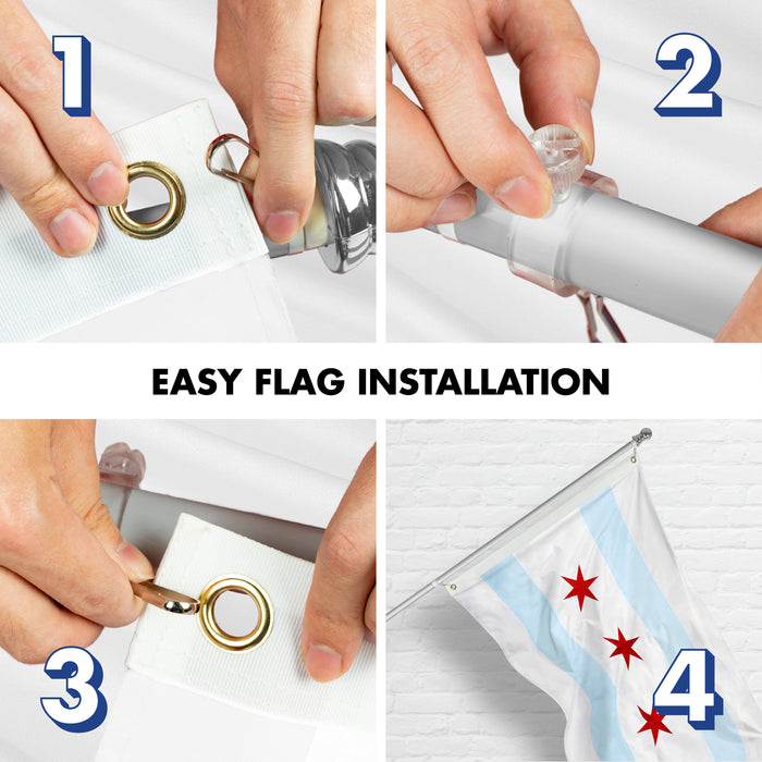 G128 Flag Pole 5 FT Silver Tangle Free & Chicago Flag 2x3 FT Combo Embroidered Spun Polyester