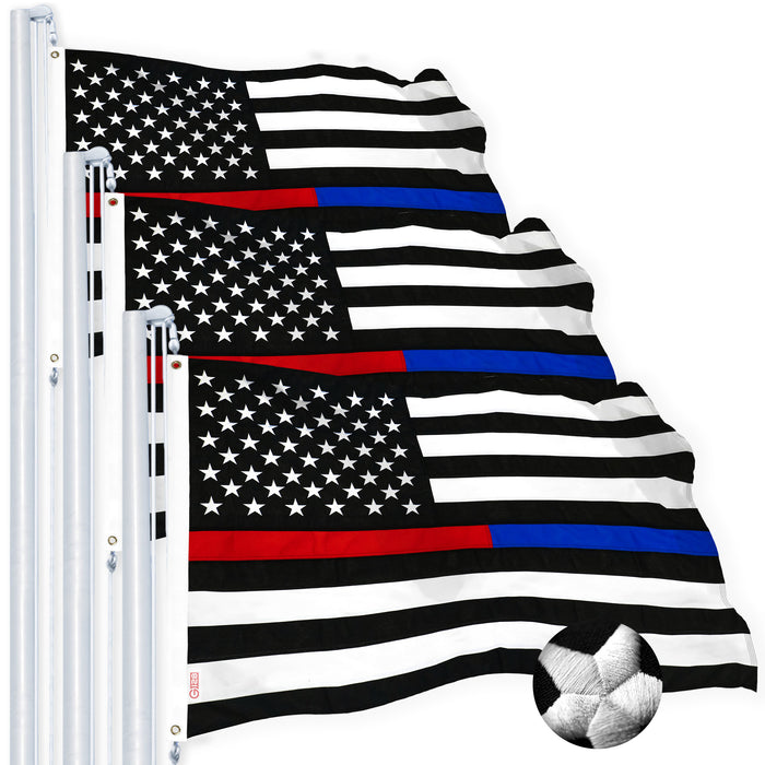 G128 Thin Blue Line Police & Thin Red Line 2x3 FT 3-Pack Firefighter Heavy Duty 220GSM Tough Spun Polyester Embroidered US American Flag Brass Grommets Honoring Law Enforcement Officers First Responder