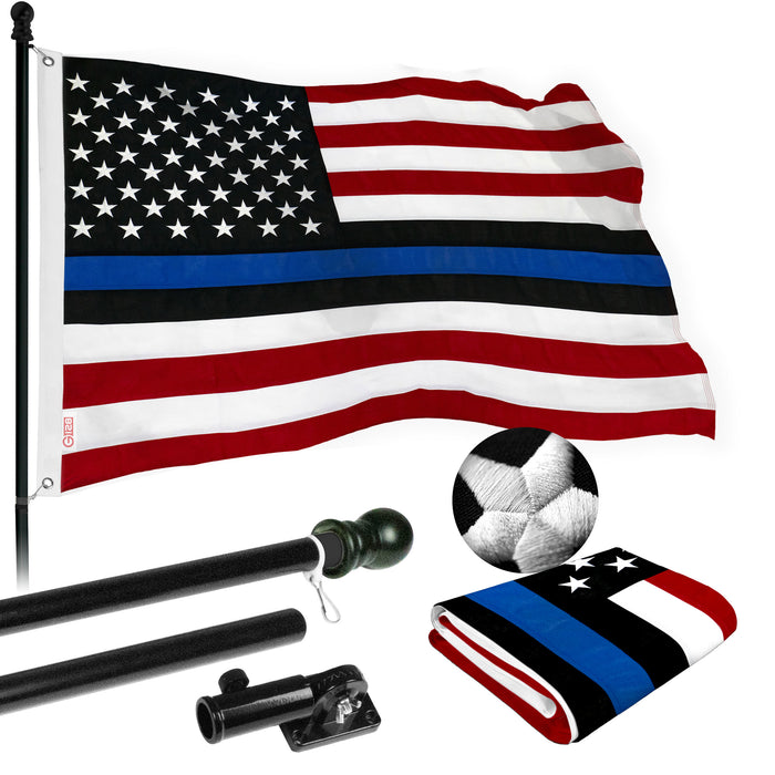 G128 Flag Pole 5 FT Black Tangle Free & Blue Lives Matter Flag 2.5x4 FT Combo Embroidered Spun Polyester