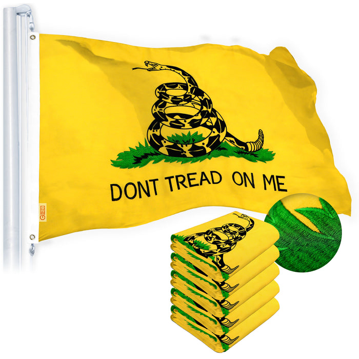 G128 Dont Tread on Me (Gadsden) Flag 4x6 feet 5-Pack Heavy Duty Spun Polyester 220GSM Embroidered “ Tough, Durable, Indoor/Outdoor, Vibrant Colors, Brass Grommets