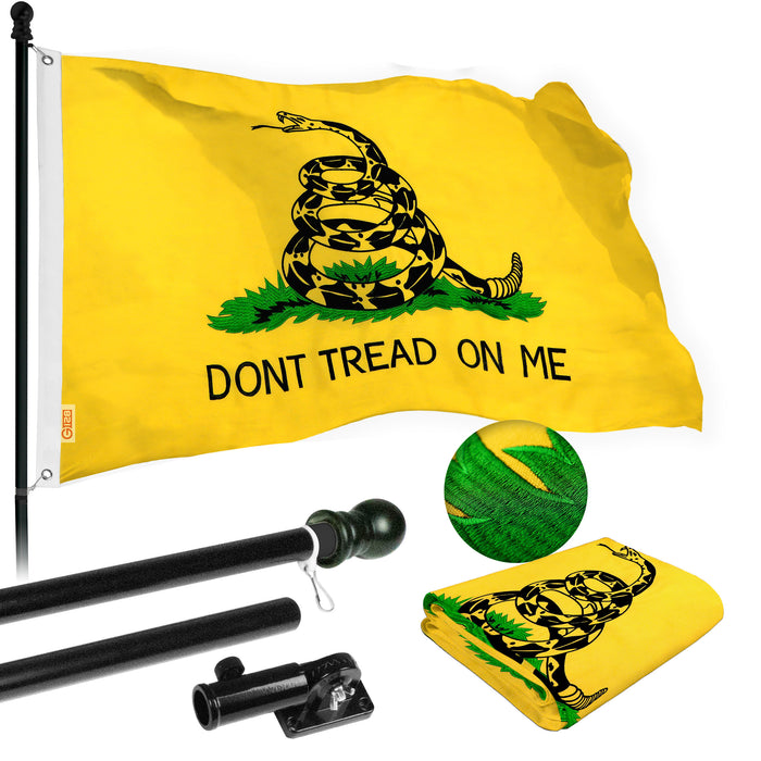 G128 Flag Pole 5 FT Black Tangle Free & Gadsden Flag 2x3 FT Combo Embroidered Spun Polyester