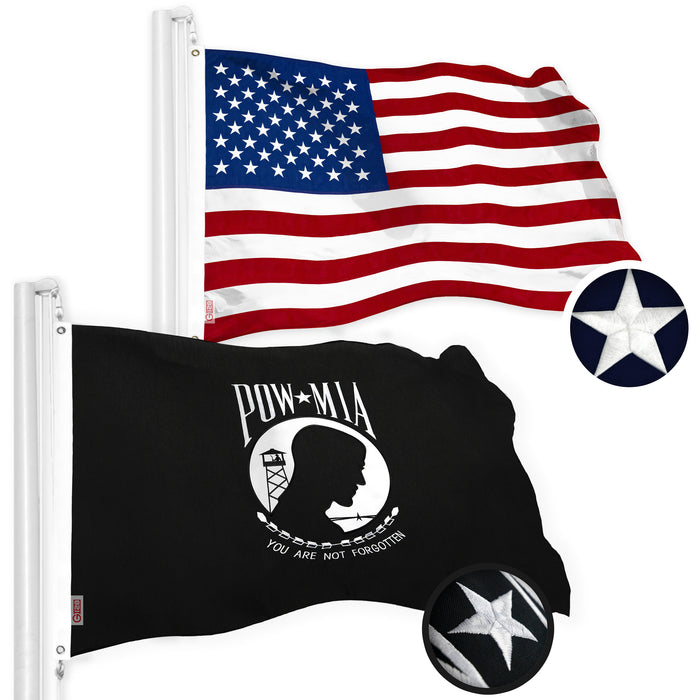 G128 Combo Pack: USA American Flag & POW MIA 2.5x4 Ft Embroidered Spun Polyester, Indoor/Outdoor, Brass Grommets