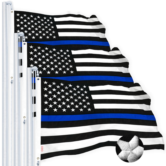 G128 Thin Blue Line Flag 2.5x4 FT 3-Pack Embroidered Heavy Duty 220GSM Tough Spun Polyester U.S. American Flag Brass Grommets Honoring Men and Women of Law Enforcement Black White and Blue US Flag