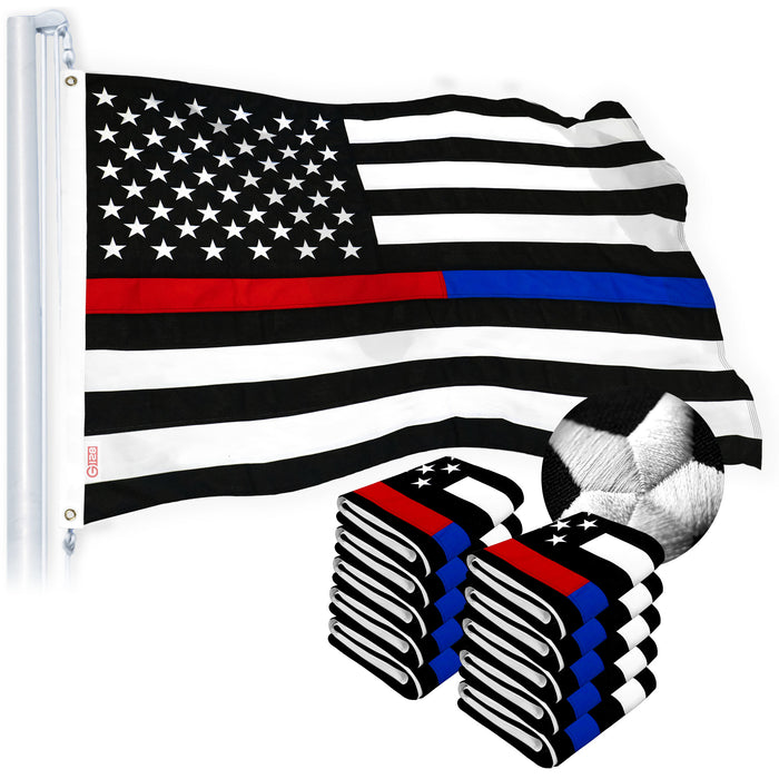 G128 Thin Blue Line Police & Thin Red Line 2.5x4 FT 10-Pack Firefighter Heavy Duty 220GSM Tough Spun Polyester Embroidered US American Flag Brass Grommets Honoring Law Enforcement Officers First Responder
