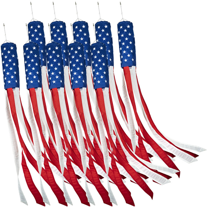 G128 10-Pack: American USA Windsock | 60 Inch | Embroidered 210D Polyester, Patriotic Hanging Decoration