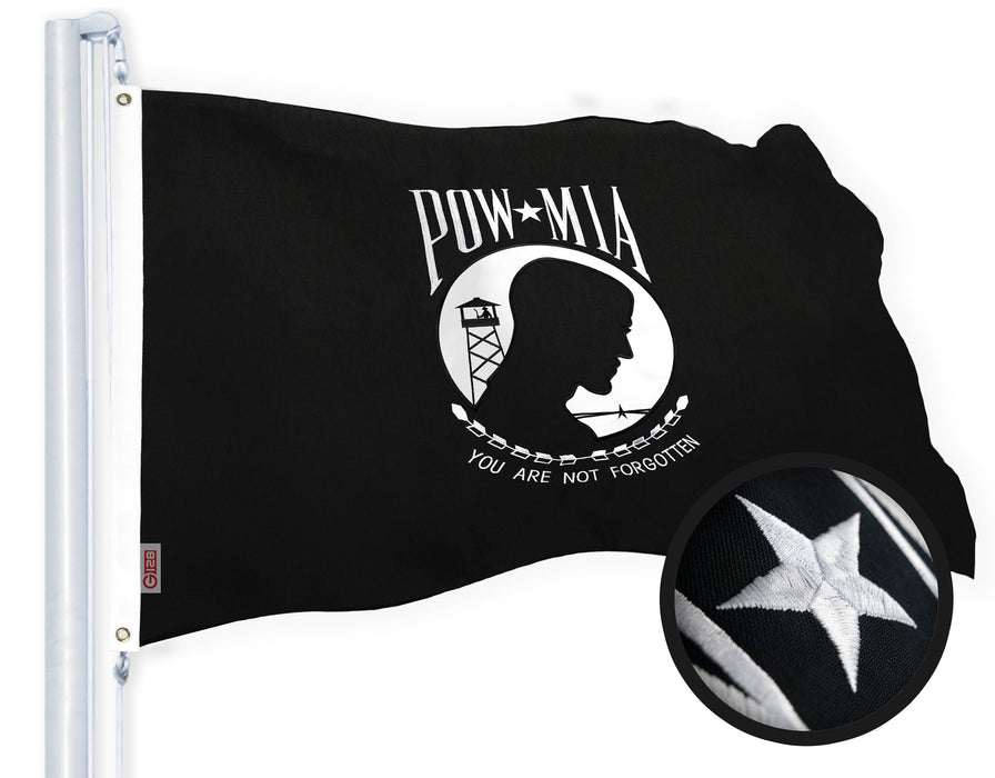 G128 Combo Pack: USA American Flag & POW MIA 2x3 Ft Embroidered Spun Polyester, Indoor/Outdoor, Brass Grommets