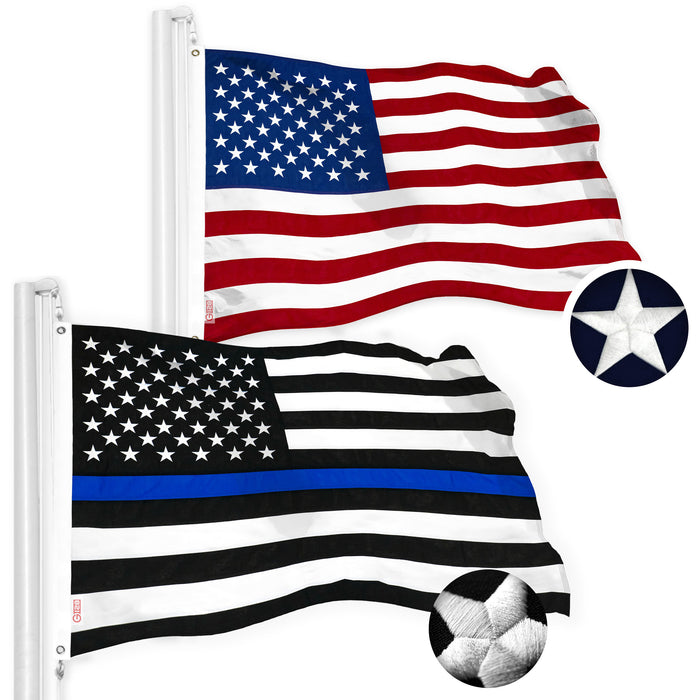G128 Combo Pack: USA American Flag & Thin Blue Line Flag 2.5x4 Ft Embroidered Spun Polyester, Indoor/Outdoor, Brass Grommets, Police Flag