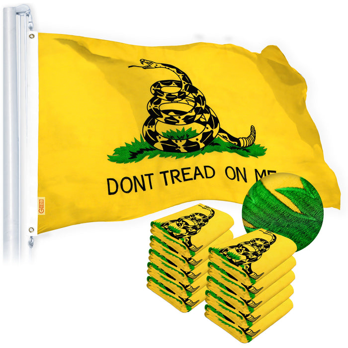 G128 Dont Tread on Me (Gadsden) Flag 4x6 feet 10-Pack Heavy Duty Spun Polyester 220GSM Embroidered “ Tough, Durable, Indoor/Outdoor, Vibrant Colors, Brass Grommets