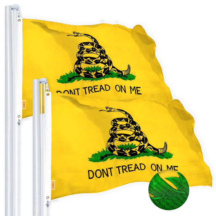 G128 Dont Tread on Me (Gadsden) Flag 4x6 feet 2-Pack Heavy Duty Spun Polyester 220GSM Embroidered “ Tough, Durable, Indoor/Outdoor, Vibrant Colors, Brass Grommets
