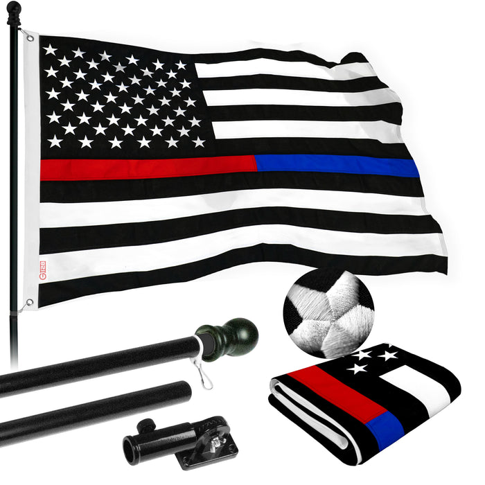 G128 Flag Pole 5 FT Black Tangle Free & Thin Blue & Red Flag 2.5x4 FT Combo Embroidered Spun Polyester