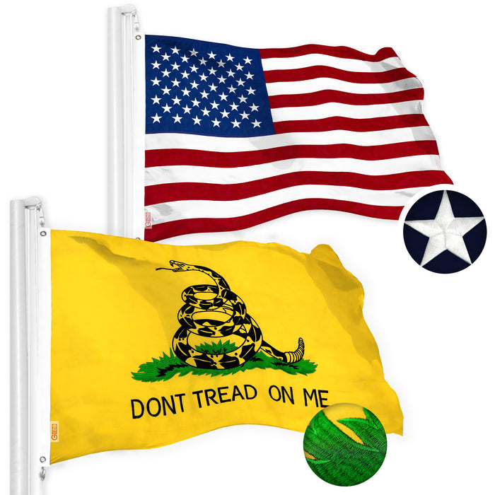 G128 Combo Pack: USA American Flag & Gadsden Don't Tread on Me Flag 2x3 Ft Embroidered Spun Polyester, Indoor/Outdoor, Brass Grommets