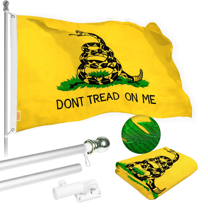 G128 Flag Pole 5 FT Silver Tangle Free & Gadsden Flag 2.5x4 FT Combo Embroidered Spun Polyester