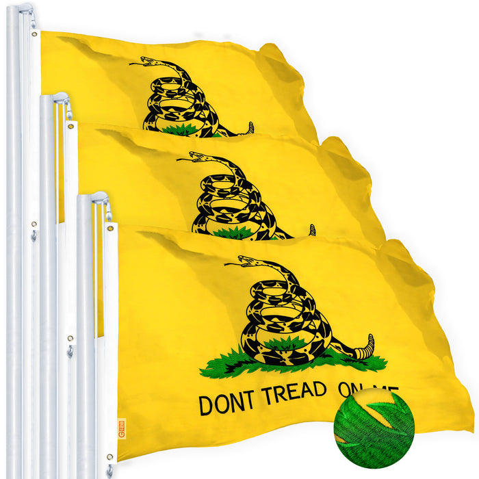 G128 Dont Tread on Me (Gadsden) Flag 2x3 feet 3-Pack Heavy Duty Spun Polyester 220GSM Embroidered “ Tough, Durable, Indoor/Outdoor, Vibrant Colors, Brass Grommets