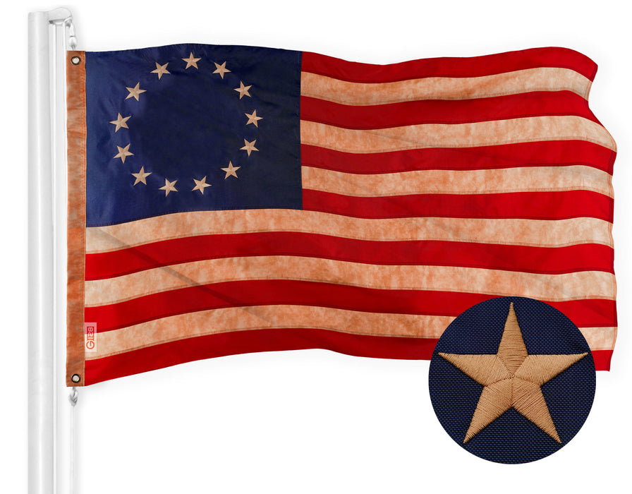 G128 Betsy Ross Tea-Stained Flag | 1x1.5 Ft | ToughWeave Pro Series Embroidered 420D Polyester | Historical Flag