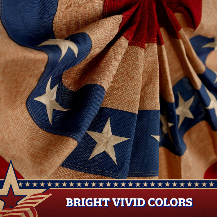 G128 USA Tea Stained Pleated Fan Flag 2x4FT Burlap Embroidered Polyester Stars and Stripes